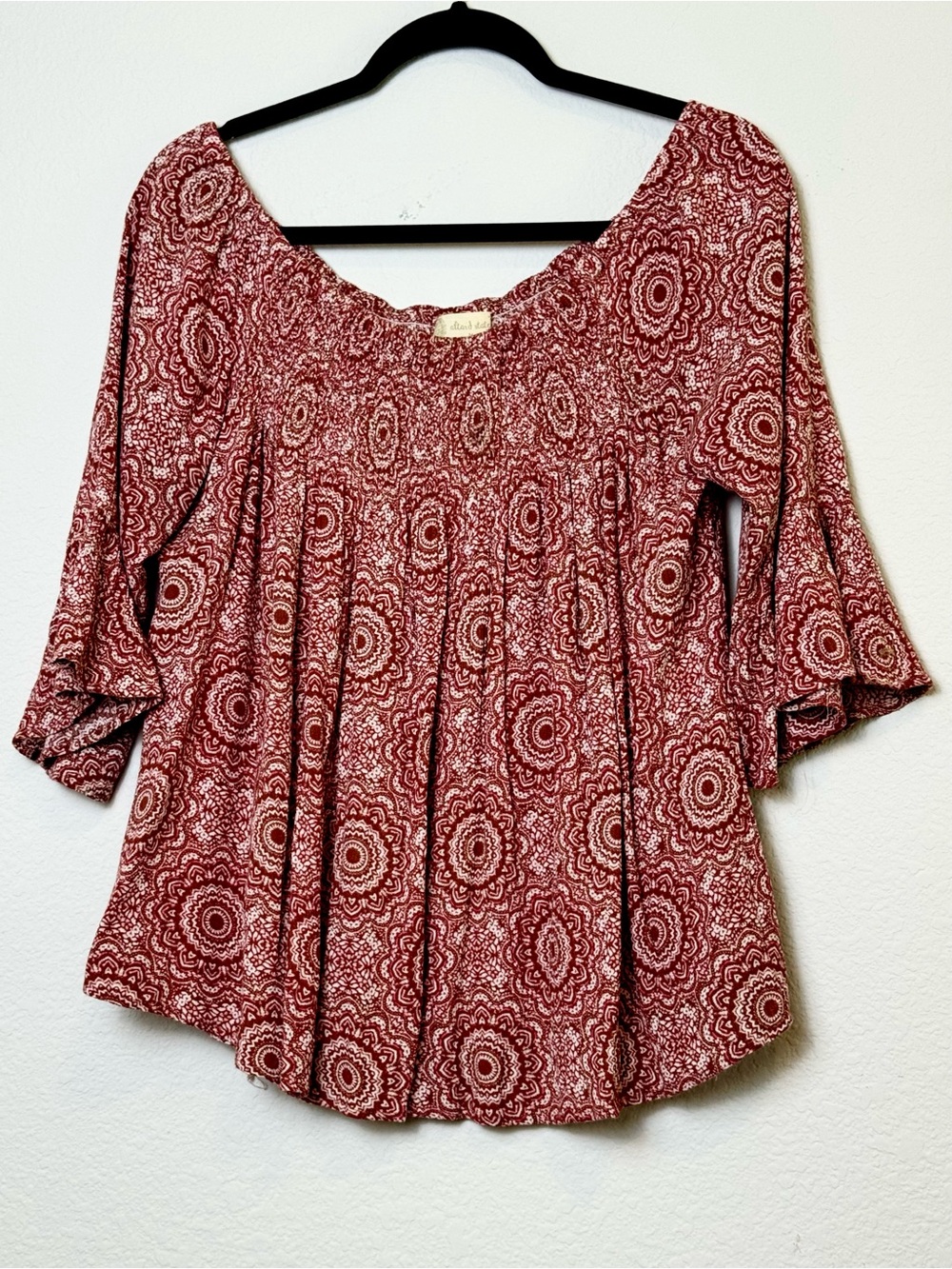 Altar'd State Red Medallion Smocked Off-Shoulder Blouse
